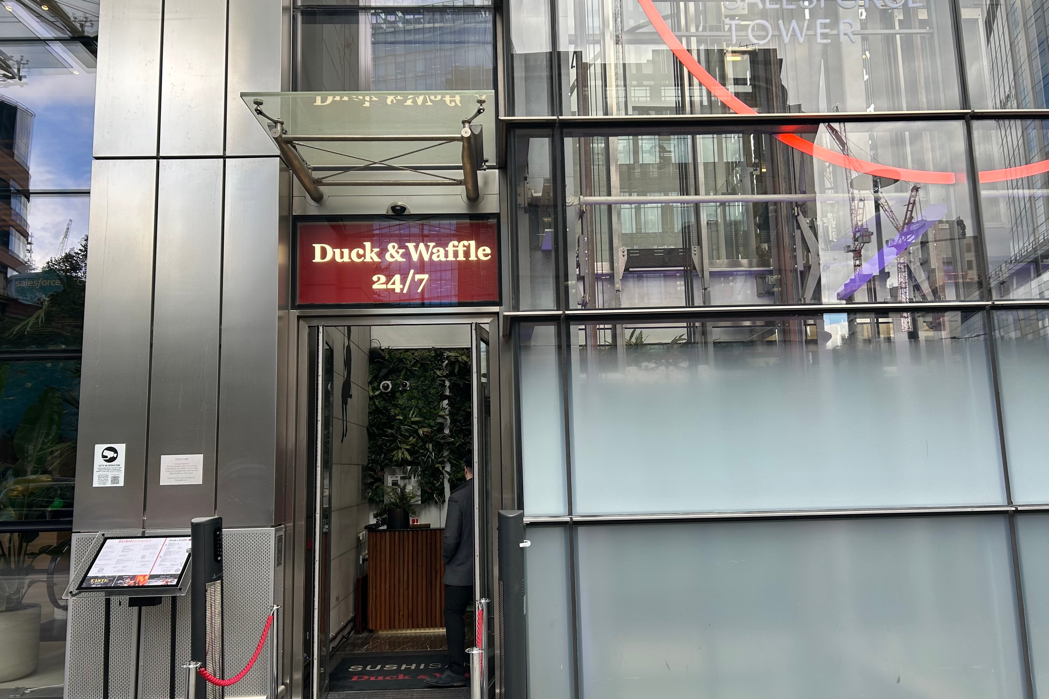 Exterior of Duck &amp; Waffle restaurant in London